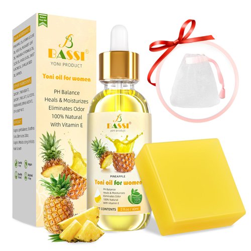 Yoni Oil & Yoni Soap Bar for Women - 2 FL OZ Pineapple Coconut Fresh Feminine Care Oil & 5.29 oz Handcraft Feminine Wash Yoni Bar, Remove Odor, Hydration, Restores pH Balance.Pure Natural (Pineapple)