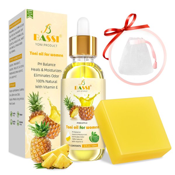 Yoni Oil & Yoni Soap Bar for Women - 2 FL OZ Pineapple Coconut Fresh Feminine Care Oil & 5.29 oz Handcraft Feminine Wash Yoni Bar, Remove Odor, Hydration, Restores pH Balance.Pure Natural (Pineapple)