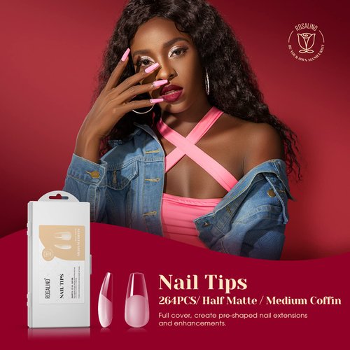 ROSALIND Half Matte Medium Coffin Fake Nail Tips, 264PCS Press on Nails Coffin Full Cover Medium False Nail Tips DIY Manicure Salon Artificial Extension Nails(One-Sided No File)