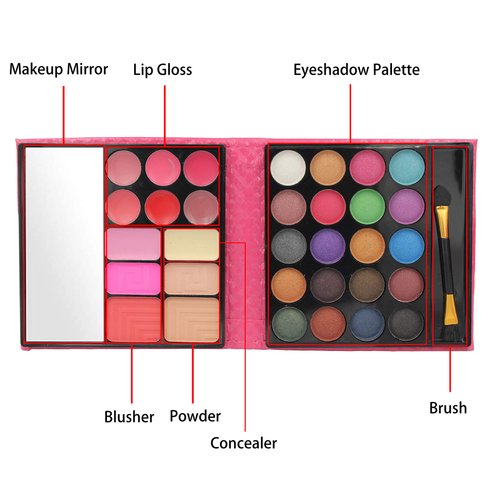 All in one Makeup Kit, Eyeshadow Palette Lip Glosses Blusher Concealer Powder Brush Mirror,Professional makeup kit set for women girls teens or Beginner,32 Color (1Pc) Red
