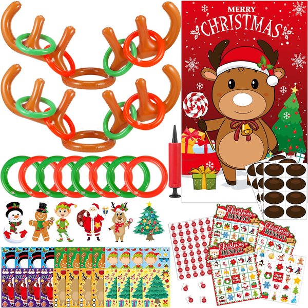 Lunmon 70 Pcs Christmas Party Games Set for Kids, Make Your Own Christmas Sticker, Inflatable Reindeer Antler Ring Toss Game, 24 Players Bingo Game, Pin Game for Family Classroom Winter Party Supplies