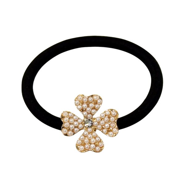 Faux Pearl Rhinestone Center Four Leaf Clover Ponytail Holder