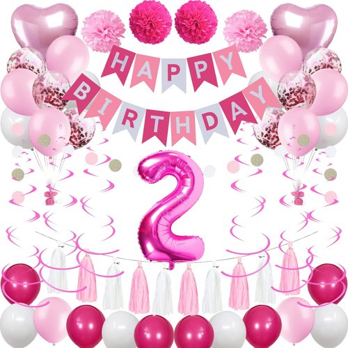 Sweet 2nd Birthday Decorations for Baby Girl, Pink and White 2 Happy Birthday Balloons，2nd Birthday Party Supplies for Daughter Her Kids Including Pink Happy Birthday Banner, Pink Number 2 Foil