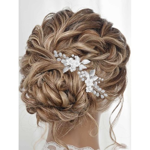 Brishow Flower Bride Wedding Hair Pins Silver Leaf Hair Pieces Bridal Pearl Hair Accessories for Women and Girls