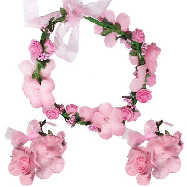 Flower Crown Headband Wristbands Rose Wreath Garland Hair Bands Wrist Bands Floral Wedding Bridal Hair Hoop Bracelet Women Leaf Ribbon Adjustable Handmade Rattan Vine Hair Accessories 3 Pack Pink