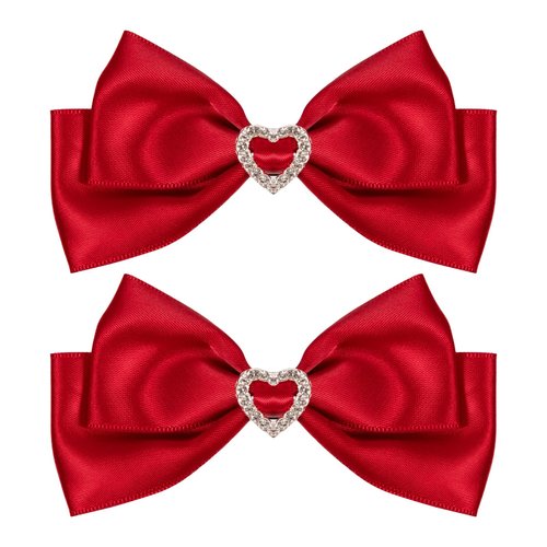 Red Satin Hair Bow Clips, Christmas Valentine School Hairpins with Heart Rhinestones,Handmade Bowknot Hair Accessories for Kids Girls New Year Decor