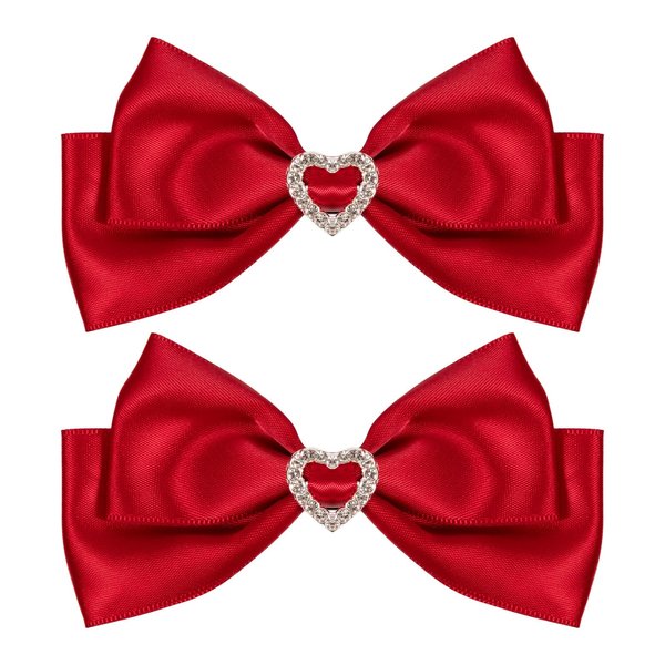 Red Satin Hair Bow Clips, Christmas Valentine School Hairpins with Heart Rhinestones,Handmade Bowknot Hair Accessories for Kids Girls New Year Decor