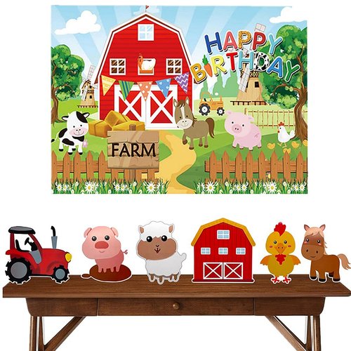 7Pcs/Pack Farm Themed Party Supplies,Indoor and Outdoor Farm Animals 3D Table Decoration,Include Farm Animals Centerpieces and Farm Happy Birthday Background Cloth