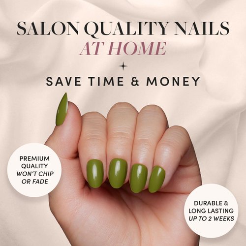 Glamnetic Press On Nails - Moss Green | Opaque Earthy Green Short Oval False Nails, Reusable Stick On Fake Nails with Glue | Salon Quality | 15 Sizes - 30 Nail Kit