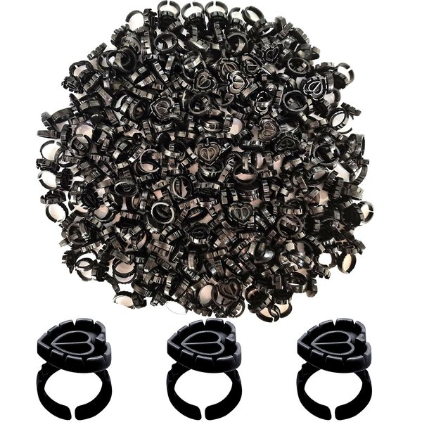 600PCS Glue Rings Lash Rings for Glue, Smart Glue Rings Holder for Eyelash Extensions, Disposable Rings for Lashes, Lovely Shape Lash Fan Blossom Glue Holder Cups for Lash Extension Supplies, Black