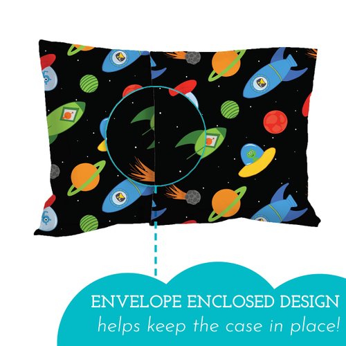 Little Sleepy Head Youth Pillow Case - 100% Made Cotton & Hypoallergenic Pillow Case - Snug Fit Envelope Pillowcase Enclosure - Youth Pillow 16x22 Size - (Space 'N Rockets) Design Travel Pillow Cover