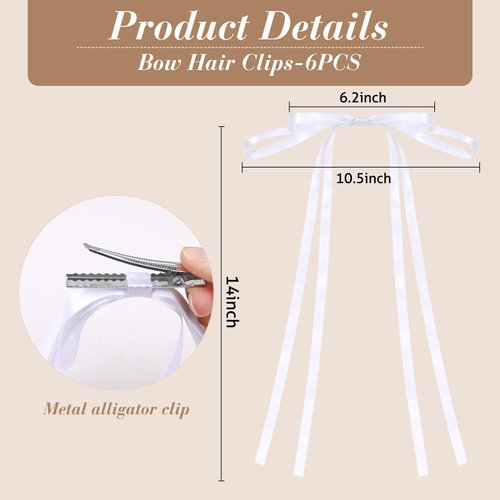 6pcs TOKUFAGU Hair Bow Clips for Women, Long Tail Tassel Bowknot Hair Ribbons Barrettes for Girls, Solid Silky Satin Ponytail Holder Hair Accessories