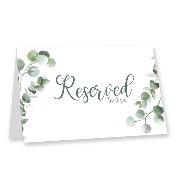 Manta Makes 10 pack eucalyptus reserved table signs for a wedding party or celebration restaurant | rustic greenery table reserved cards | white card reserved table tent card | reserved signs