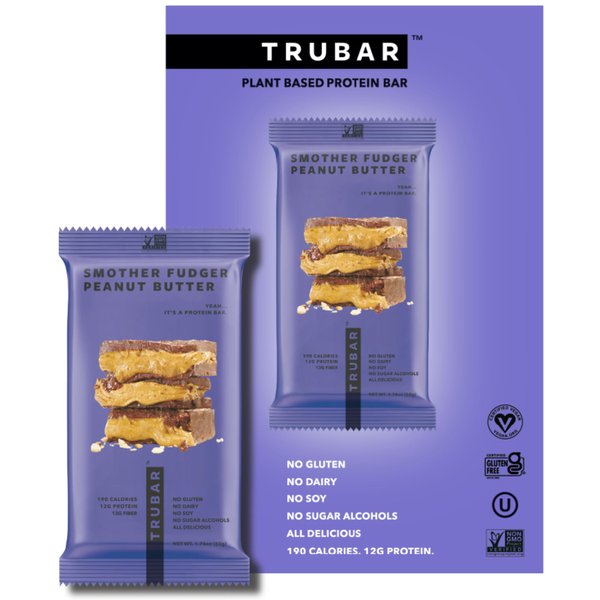 TRUBAR Vegan Protein Bar, Smother Fudger Peanut Butter, Gluten Free, Plant Based Protein, Dairy Free, Non GMO, Soy Free, No Sugar Alcohols, 12G Protein, 13G Fiber, Healthy on the Go Snack Bars, 12 CT