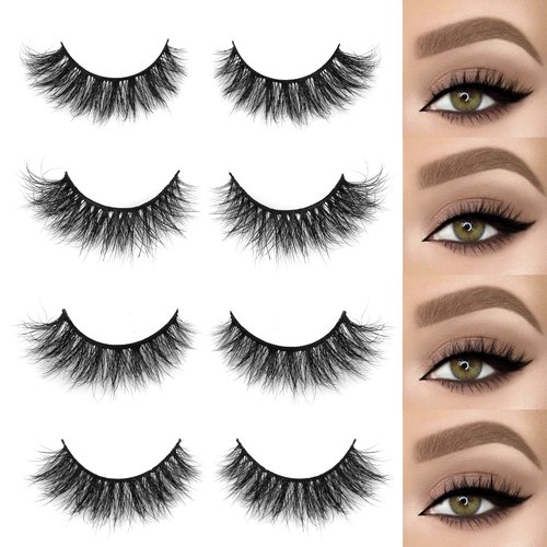 SY LASHES 15mm 3D Real Mink Lashes Natural Look Cat Eye False Eyelashes Wispy Short Fake Eye Lashes Fluffy Luxury Volume 5D Strip Eyelashes (Lucky, 4 Pairs)