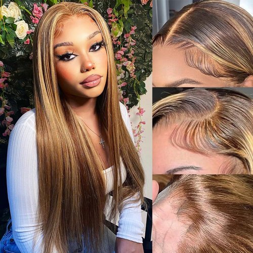 Durreley 22 Inch Ombre Lace Front Wigs Human Hair Pre Plucked,180% Density Glueless 4/27 Colored Honey Blonde Wig Human Hair,Highlight 13x6 HD Lace Front Wigs Human Hair for Black Women