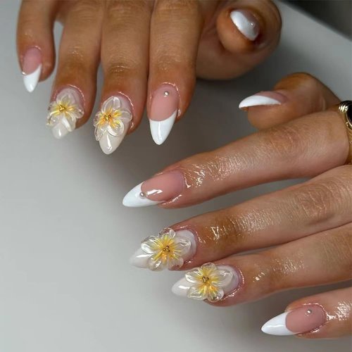 French Tip Press on Nails Medium Almond Fake Nails Flower False Nails White Pink Acrylic Nails Design 3D Floral Glue on Nails Full Cover Glossy Stick on Nails Artificial Nails for Women Manicure 24Pcs