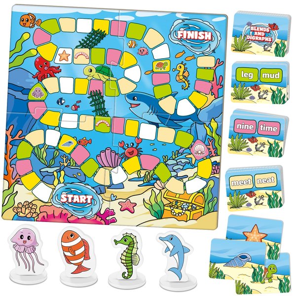 Broytain Word Ocean Phonics Board Game for Kids,Educational Learning Word Board Games for Boys and Girls,Reading and Spelling Word Games Ages 4 5 6,Classroom Travel Indoor Outdoor Family Games