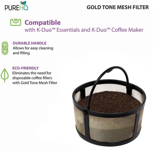 Reusable Mesh Ground Coffee Filter Carafe for Keurig K-Duo Essentials and K Duo Brewers Machine by PureHQ - Refillable Gold Tone Mesh Filter