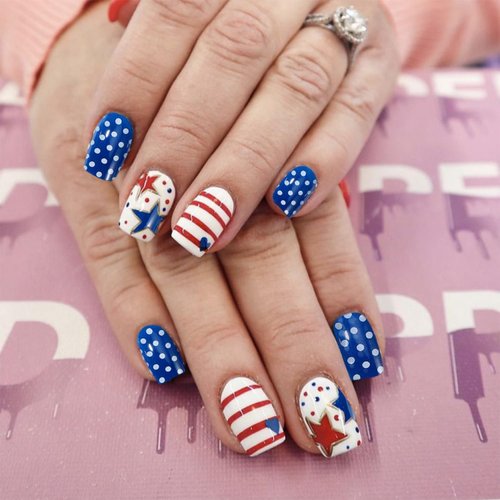 24 Pcs Patriotic Press on Nails Set 4th of July False Nails Red White Blue Striped with Stars and Hearts Design Glossy Short Square Fake Nails for Independence Day