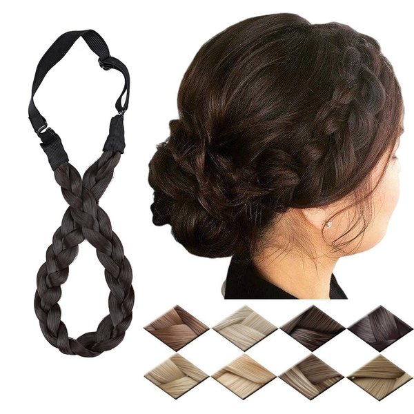 Braided Hair band Plaited Headband Elastic Stretch Wide Plaited Braids Braided Headband Synthetic Hairpiece Chunky Braided Headband Trendy Girls Women (Small-three strands braided, dark brown)