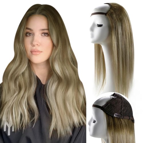 RUNATURE Balayage U Part Wig Human Hair 18 Inch U Part Human Hair Wigs for Women Walnut Brown Balayage to Light Blonde Straight Remy Human Hair Wigs U Part Middle Caps Clip in U Wigs 18 Inch 120g