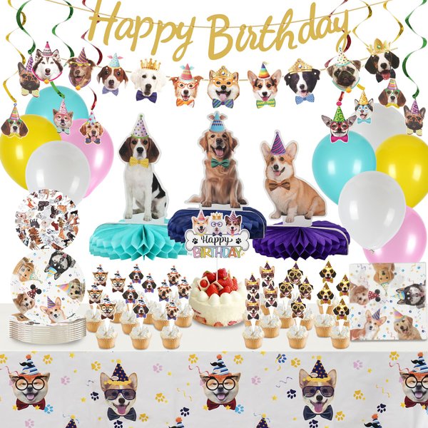 QILICJHZ 165Pcs Dog Birthday Decoration,Dog Party Decorations Serves 20,Puppy Birthday Decorations,Puppy Party Decorations with Balloon Banner Plate Napkin Tablecloth Cake Topper for Dog Party