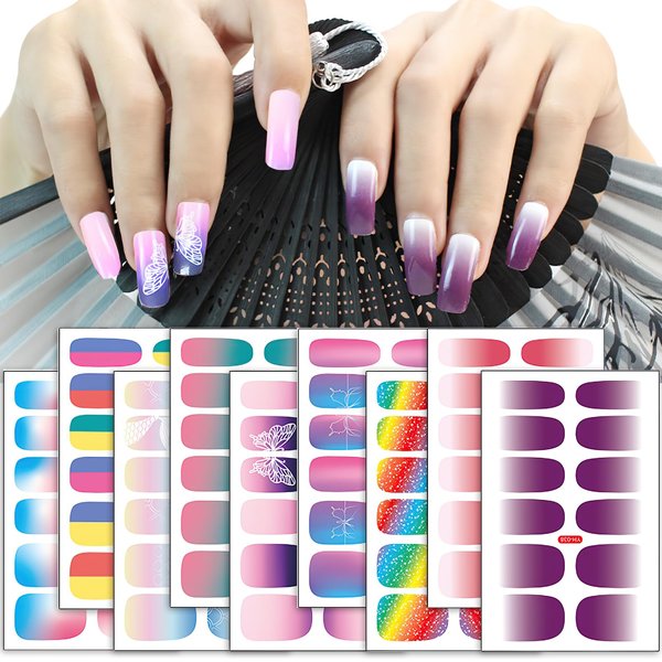 9 Sheets Glitter Colorful Full Nail Wraps Stickers Gradient Rainbow Butterfly Mermaid Nail Polish Strips Full Nail Wraps DIY Self-Adhesive Nail Art Decals for Women Girls Manicure Accessories