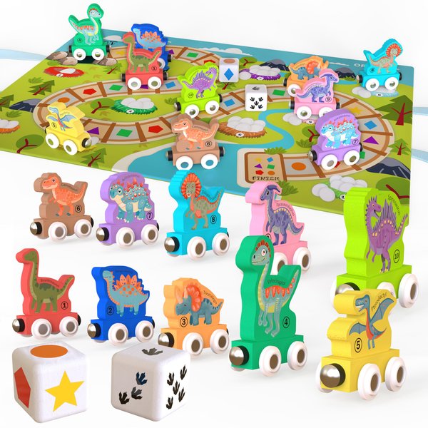 ORBRIUM Play and Pack Dinosaur Wooden Train Set Learning Number, Shapes, Colors, Counting, Game Board Bag for Wooden Railway, Number Trains, montesorri Toys, Kids Age 3, 4, 5, 6