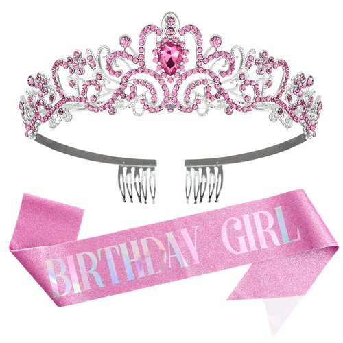 Birthday Girl Sash and Crown Set, Rhinestone Birthday Girl Headband Glitter Princess Birthday Sash And Crowns for Women Happy Birthday Tiara Accessories Favors (pink)
