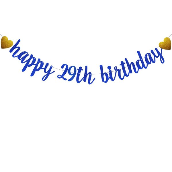 SUNbetterland Blue glitter Happy 29th Birthday Banner, Pre-Strung,Boy's Man's 10th Birthday Party Decorations Supplies, Happy 29th Birthday