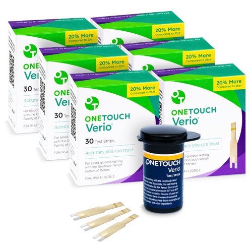 OneTouch Verio Test Strips for Diabetes Value Pack - 180 Count | Diabetic Test Strips for Blood Sugar Monitor | Home Self Glucose Testing | 6 Boxes, 30 Test Strips Per Pack
