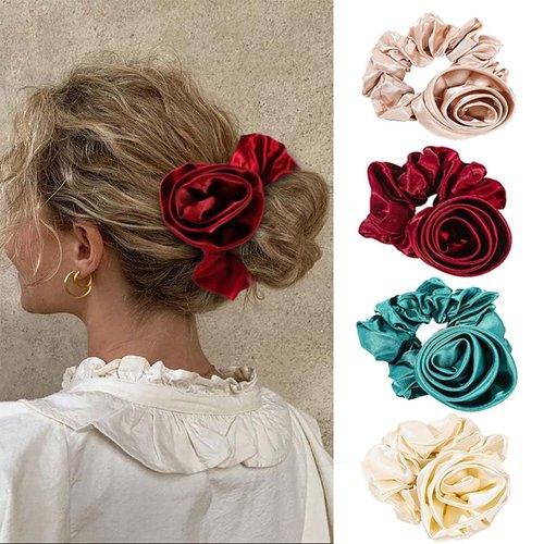 Aceorna Rose Hair Scrunchies Elastic Flower Hair Ties Stretch Floral Ponytail Holder Boho Hair Accessories for Women and Girls 4 Pcs