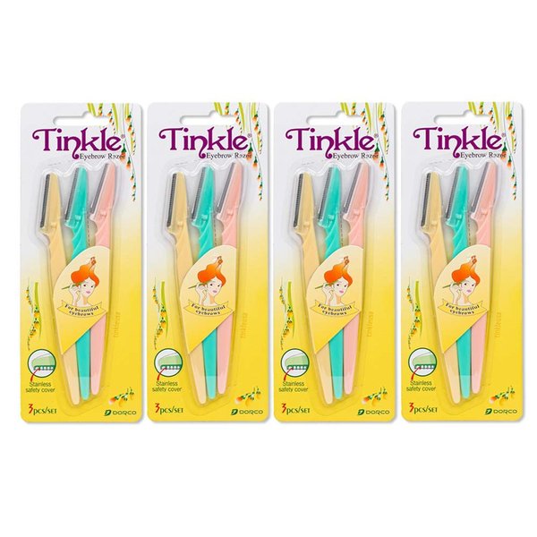 Dorco Tinkle Eyebrow Razors for Women, Dermaplane Razor 12Razors [3ct per pack (4pk)], Eyebrow Trimmer Dermaplaning Tool for Safe and Easy Thanksgiving Gift, Stocking Stuffer