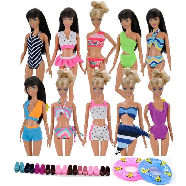 Lance Home Doll Bikini Clothes, 5Sets Swimwear Bathing Outfit+5pairs Shoes+2pcs Swimming Rings for 11.5 Inch Girl Doll, Random Style (12pcs)