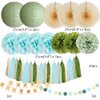 Sage Green and Blue Birthday Decorations Boy Olive Sage Green and Light Blue Birthday Decorations Beige Paper Fans Pom Poms Olive Cream Tassel Garland Party with Banner Beige Gold