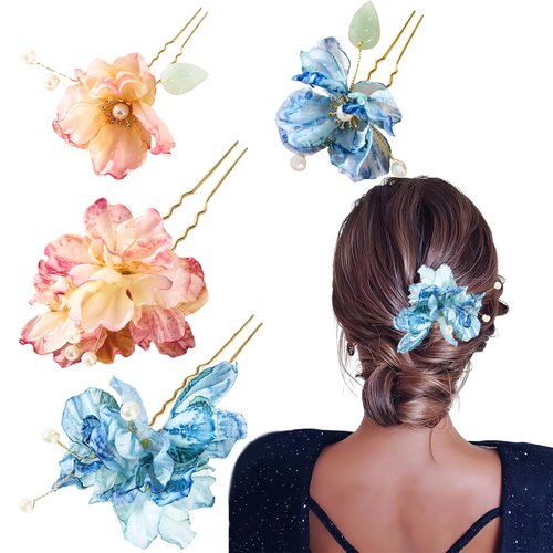 4 PCS Flower Hair Pins Pink Hair Pins Set Embellished with Pearls Beautiful Hair Pins Floral Hair Pieces Headpieces Flower Decorative Hair Jewelry Accessories for Women and Girls