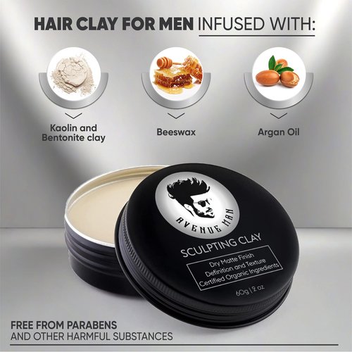 Avenue Man - Hair Clay for Men - Matte Finish Sculpting Clay - Strong Hold, Maximum Definition and Textured Control - For All Hair Types - Infused with Beeswax, Kaolin Clay and Argan Oil - 3.0oz/90g