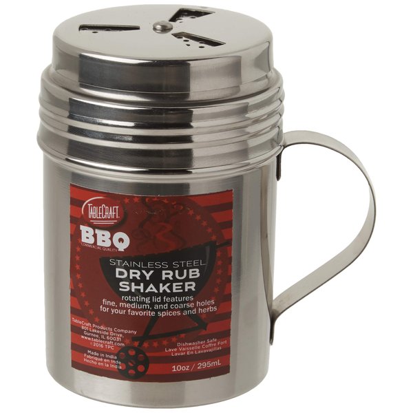 Tablecraft, 10 oz, Silver Stainless Steel Dry Rub Shaker with Handle, 10-Ounce