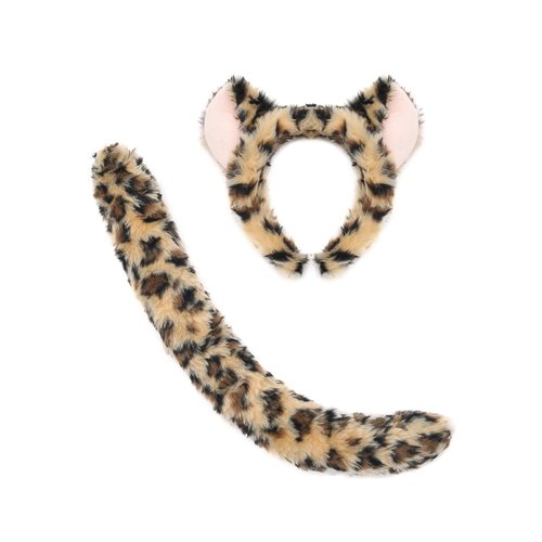 Soul Young Lion Wolf Faux Fur Ears and Tail Halloween Costume Party Cosplay Animal Accessory Set(One Size,Leopard)