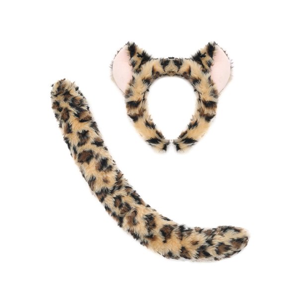 Soul Young Lion Wolf Faux Fur Ears and Tail Halloween Costume Party Cosplay Animal Accessory Set(One Size,Leopard)