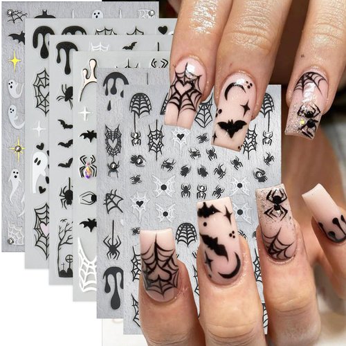 Shiny Crystal Spider Nail Stickers for Nail Art 6 Sheets Halloween Nail Decals 3D Self-Adhesive Spider Web Spider Ghost Bat Halloween Nail Art Stickers DIY Manicure Decoration Supplies for Women Girls