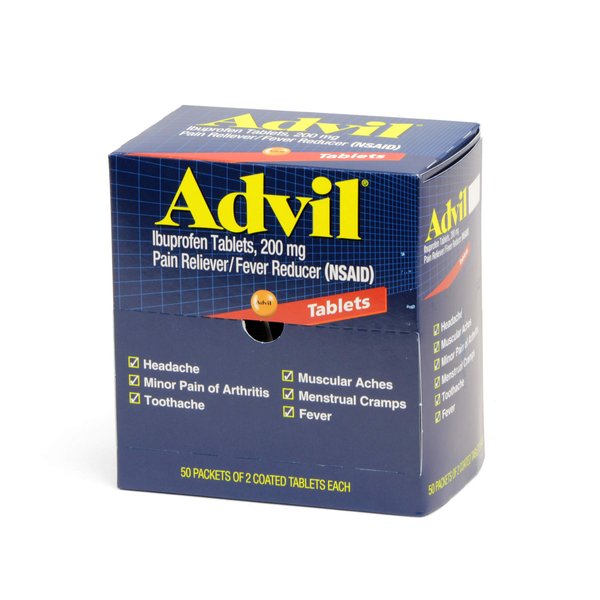 Advil 40933 Ibuprofen, Pain Reliever / Fever Reducer 200 mg Tablets, 50 Packets of 2