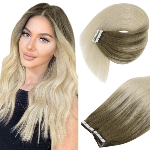 Ve Sunny Tape in Hair Extensions Human Hair Ombre Blonde Tape ins Human Hair Extensions Brown to Blonde Tape in Hair Extensions Light Brown to Platinum Blonde Skin Weft 50g 20pcs 18in