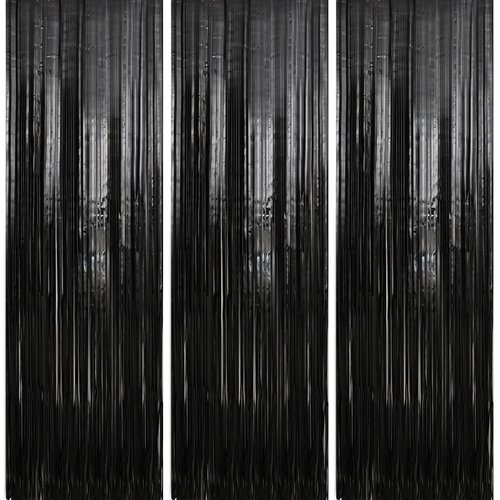 Crosize 3 Pack 3.3 x 9.9 ft Black Foil Fringe Backdrop Streamer Curtains, Birthday Party Decorations, Tinsel Curtain for Parties, Photo Booth Backdrops, Party Decor