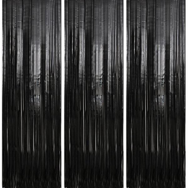 Crosize 3 Pack 3.3 x 9.9 ft Black Foil Fringe Backdrop Streamer Curtains, Birthday Party Decorations, Tinsel Curtain for Parties, Photo Booth Backdrops, Party Decor