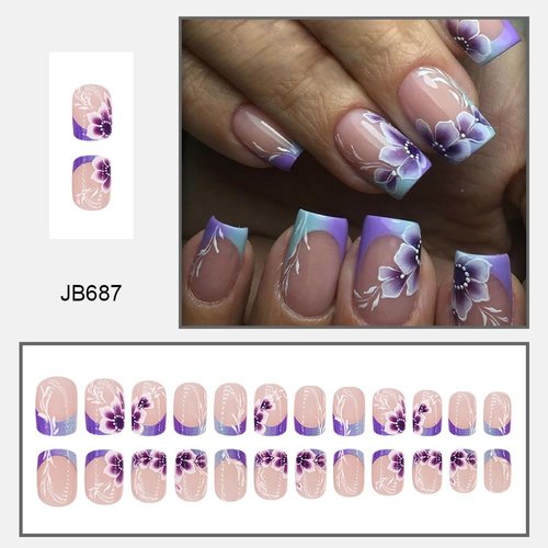 Flower Press on Nails Short Square Length Fake Nails French Purple Design Glossy False Nails Glue Full Cover Acrylic Nails Reusable Artificial Nails Stick for Women DIY 24Pcs