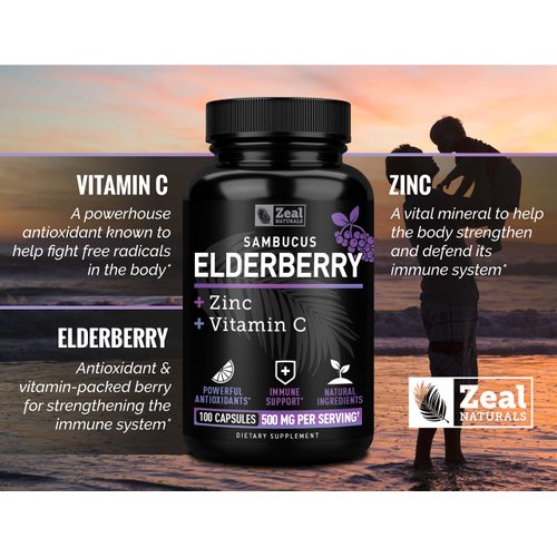 Zeal Naturals Max Strength Elderberry Capsules + Zinc + Vitamin C | 500mg for Immune System Support with Black Sambucus Elderberry | 100 Count | 3-in-1 Immune Support for Adults