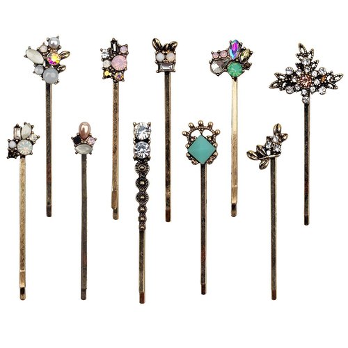 10PCS Retro Hair Pins Vintage Hair Clips Elegant Crystal Rhinestone Hairpins Metal Bobby Pins Hair Accessories for Women Ladies and Girls Headwear Styling Tools