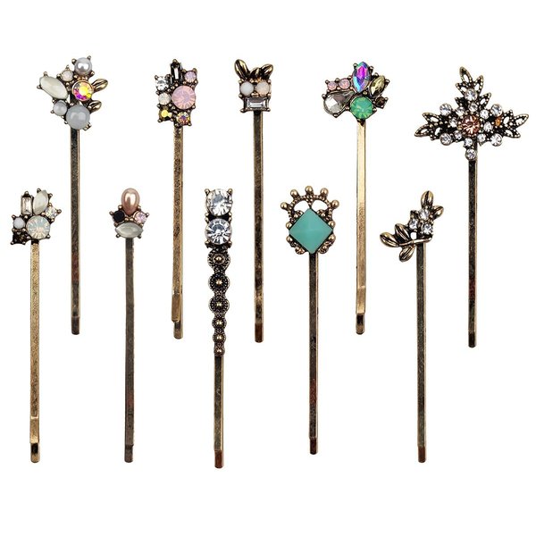 10PCS Retro Hair Pins Vintage Hair Clips Elegant Crystal Rhinestone Hairpins Metal Bobby Pins Hair Accessories for Women Ladies and Girls Headwear Styling Tools